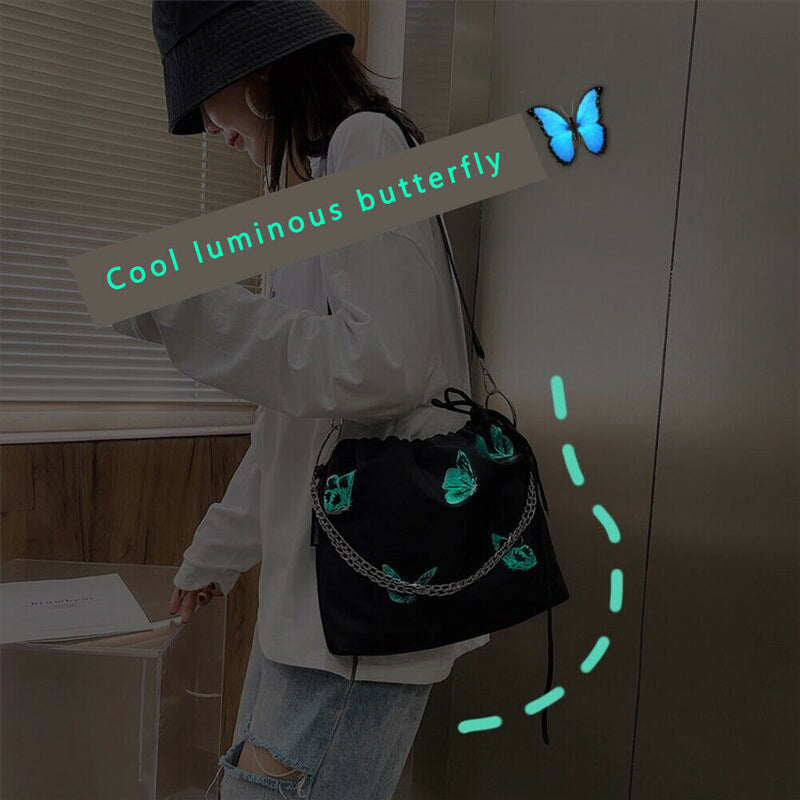 Luminous Butterfly Messenger Bag Women Drawstring Shoulder Handbag (Black)