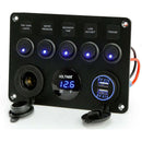 5 GANG ON/OFF TOGGLE ROCKER SWITCH PANEL W/ 12V-24V LED VOLTMETER 4.1A IP68