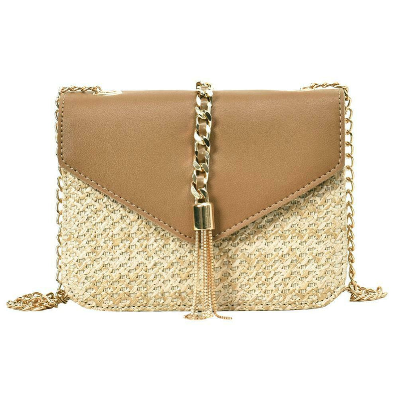 Straw Leather Women Messenger Bag Small Flap Shoulder Handbag (Light Brown)