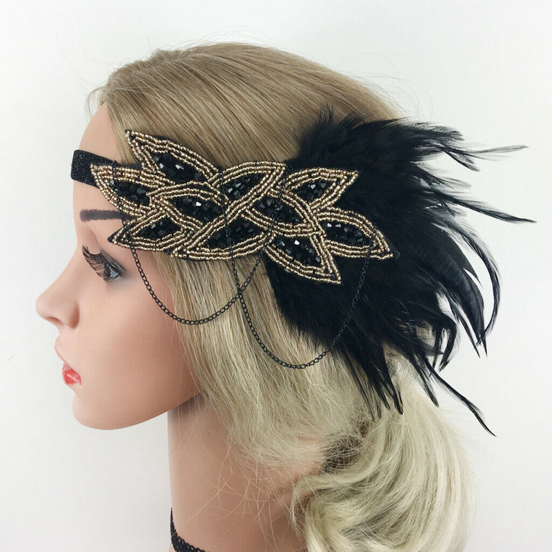 Handmade Feather Headband - Flapper Feather Headpiece - 1920s Beaded Headband