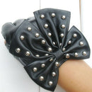 Black Fashion Lady Gaga Big Bow Rivets Women Faux Leather Finger Gloves Siz