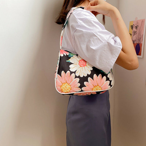 Summer Fashion Retro Daisy Print Handbag Zipper Women Armpit Shoulder Bag A#S