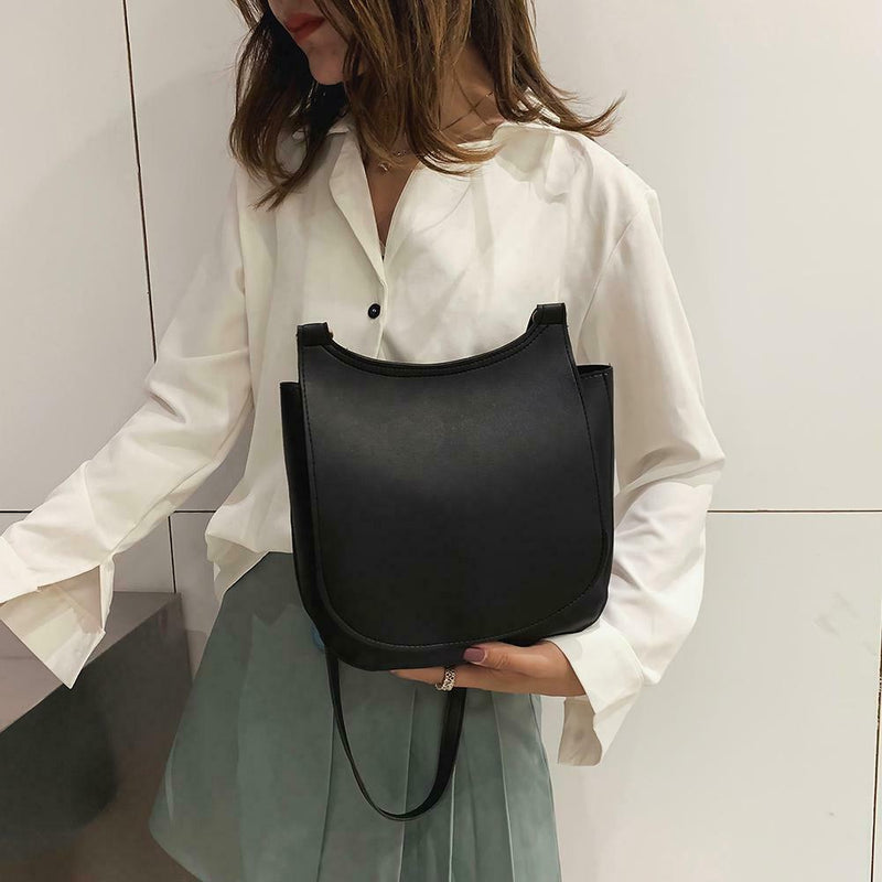 Solid Color Shoulder Handbags Leather Women Big Flap Crossbody Bags (Black)