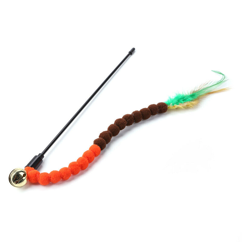 Cat Teasing Stick Colorful Pompom Feather Wand Fun Pet Teaser Rod Toys (05) A