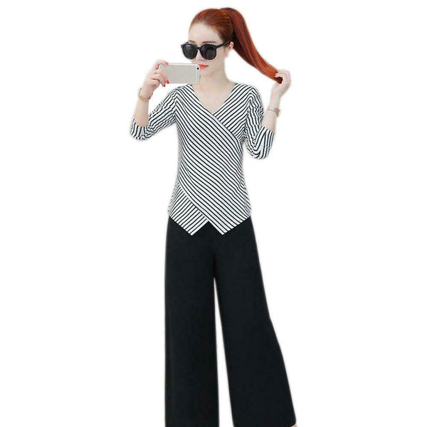Fashion V-neck Striped Women Long Sleeves Blouse Cross Irregular Tops (2XL)