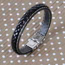 Men's Black Leather Wristband Braided Bracelet Stainless Steel Clasp Bangle