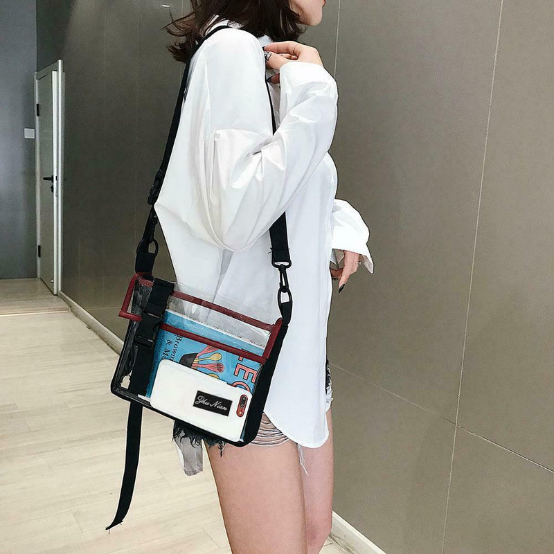 Transparent PVC Shoulder Messenger Bag Unisex Casual Crossbody Bags (Red)