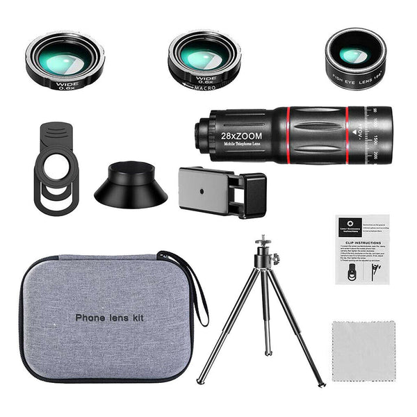 28X Zoom Clip-On External Telephoto Camera Smartphone Lens Kit with Tripod