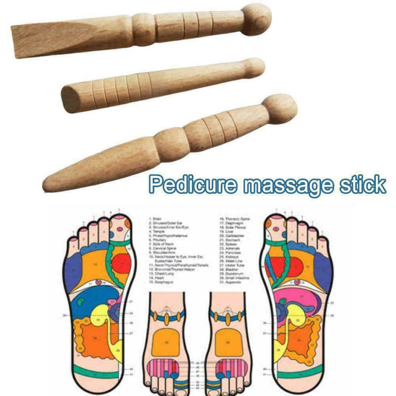 3Pcs Foot Massage Stick/ Reflexology Health Wooden New With Tool Chart Mass F5I9