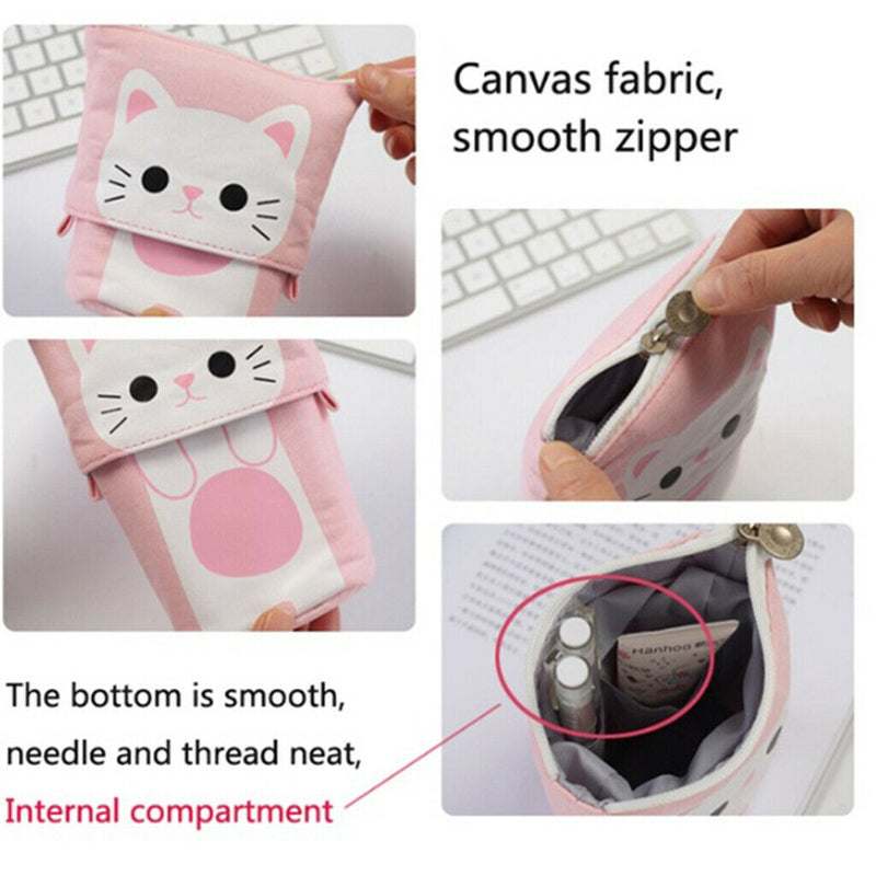 Cute Cat Pencil Case Flexible Pen Bag Zipper Box Makeup Brush Pouch White
