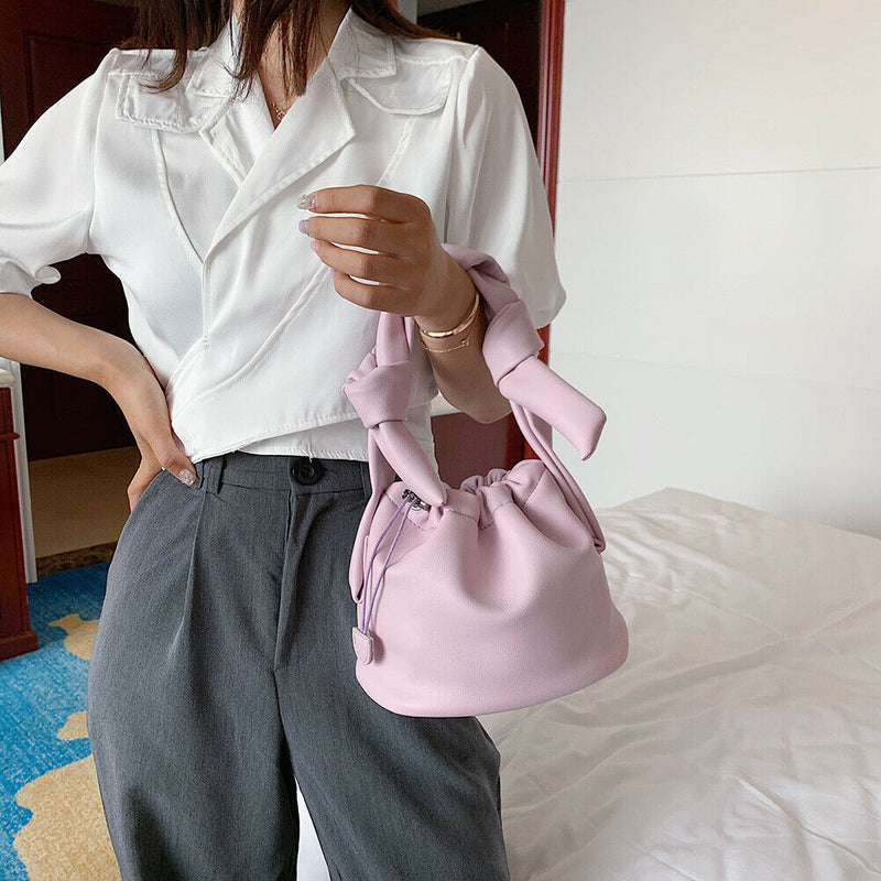 Casual Drawstring Bucket Bag Women PU Crossbody Shoulder Handbags (Pink) A