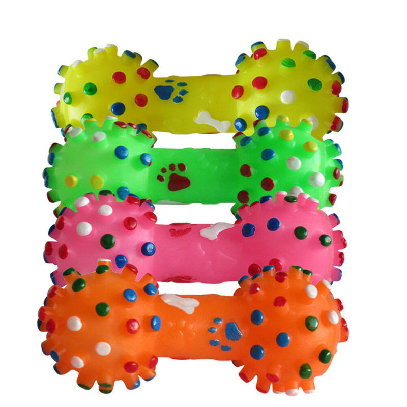 Dotted Dumbbell Shaped Dog Toys Squeeze Squeaky Faux Bone Pet Chew Toys FT