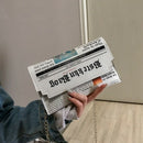 Fashion Newspaper Print Design Women Casual Envelope Bag Day Clutches Chain N5K8