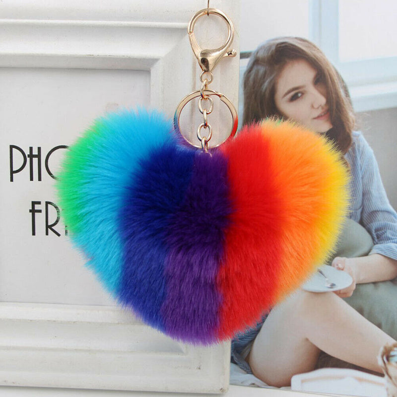 Rainbow Heart Fluffy Ball Keychain Car Key Ring Holder Bag Charm Ornament
