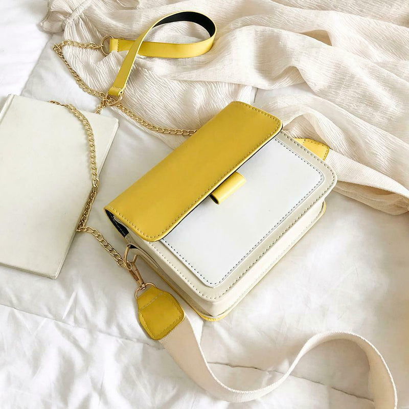 Hit Color Shoulder Handbags Women Chain Leather Flap Crossbody Bag (Yellow) A