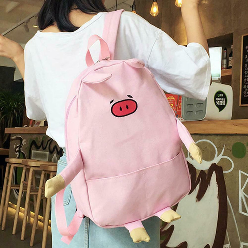 Women Canvas Lovely Cartoon Pig Shape Causal Backpack Shoulder Bag(Pink)