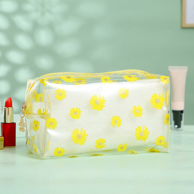 Women Transparent Cosmetic Bag Daisy Travel Makeup Organizer Pouch (Yellow) A