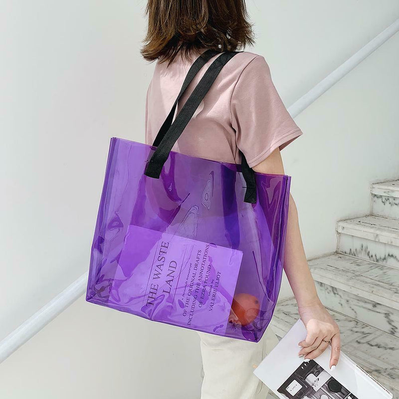 Clear PVC Transparent Shopping Bag Shoulder Handbag Women Totes (Purple)