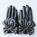 Black Fashion Lady Gaga Big Bow Rivets Women Faux Leather Finger Gloves Siz