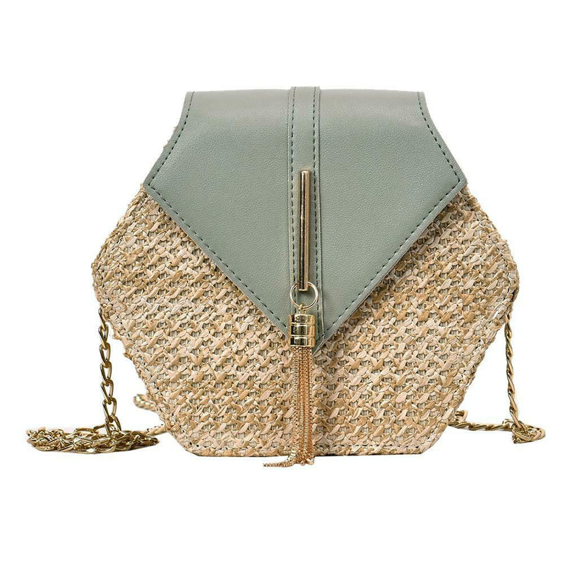 Hex-shape Straw+PU Shoulder Handbags Beach Women Top-handle Bags (Green) A