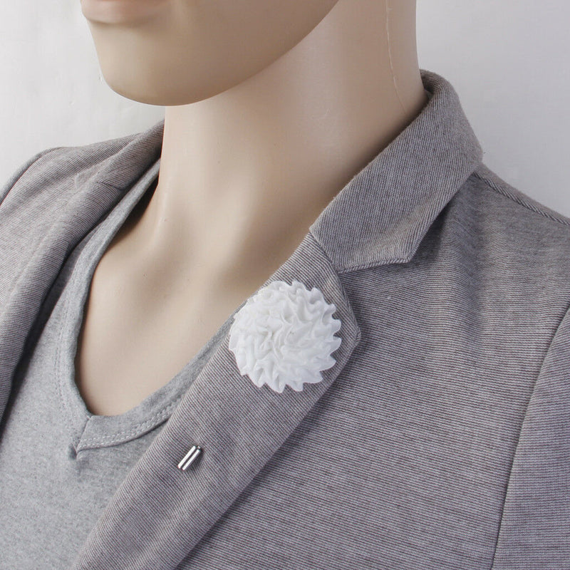 White Handmade Fabric Flower Boutonniere Men's Tuxedo Lapel Brooch Pin Stick