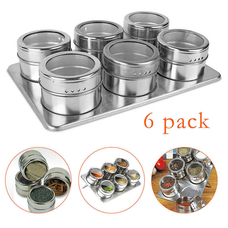 6X Stainless Steel Magnetic Spice Rack Herb Pot Jar Kitchen Storage Holder Stand