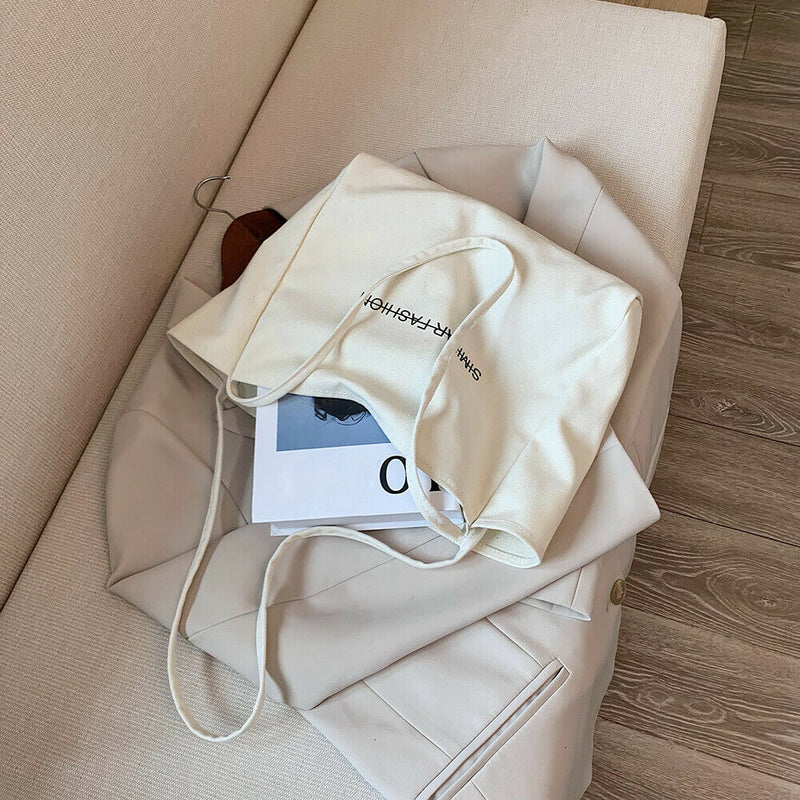 Fashion Large Capacity Shoulder Bag Canvas Handbag Shopping Totes (White)