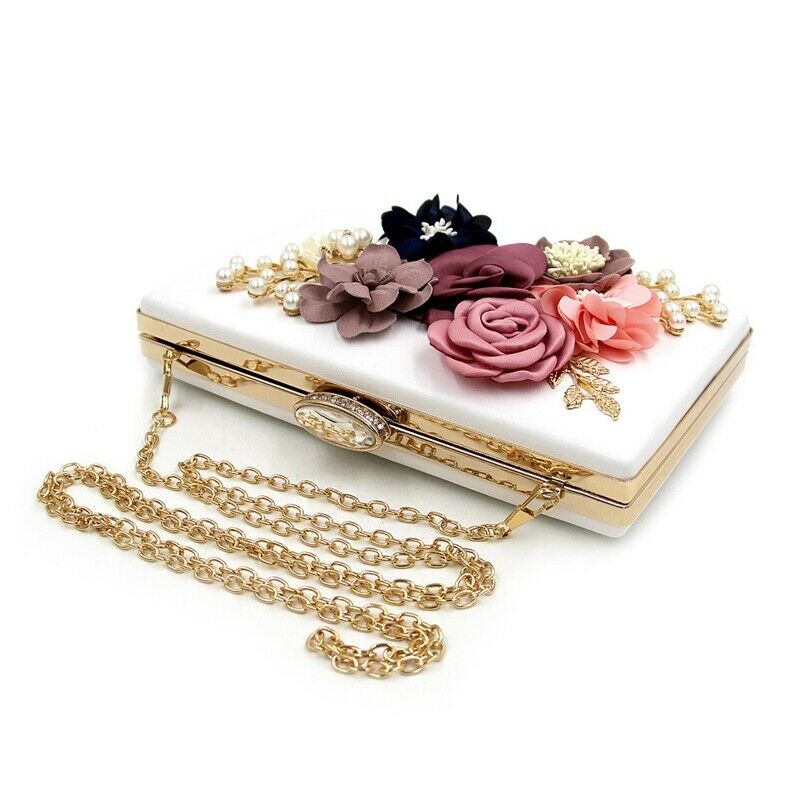 Women Clutch Bag Floral Party Purse Wedding Evening Handbags, White V6J4