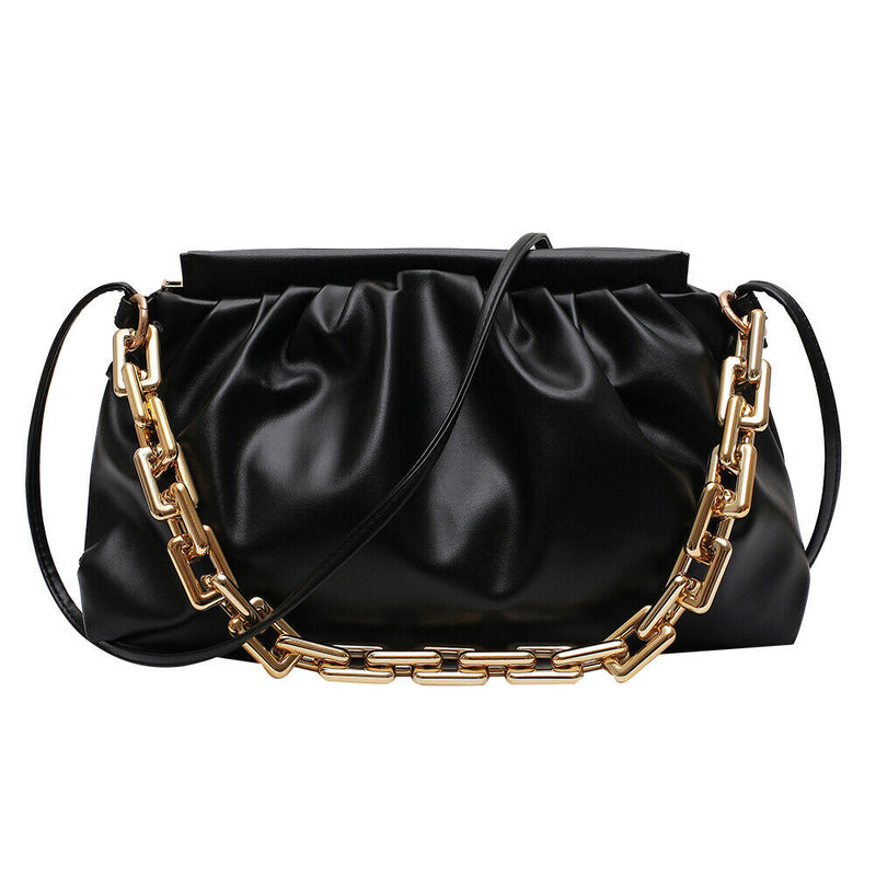 Women Pleated Shoulder Bag Chain Totes PU Cloud Messenger Handbag (Black)
