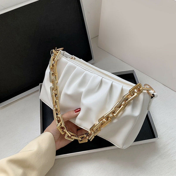 Women Evening Clutch Pleated PU Solid Shoulder Handbag Chain Totes (Beige)