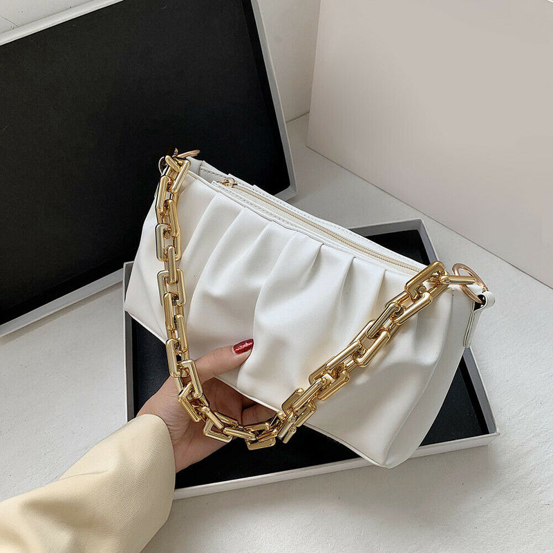 Women Evening Clutch Pleated PU Solid Shoulder Handbag Chain Totes (Beige)