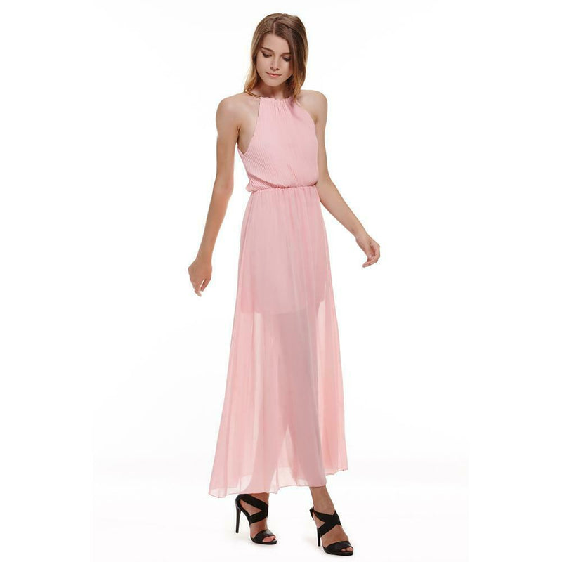 Sexy Women Dinner Party Halter Pleated Floor Length Long Dress Pink M