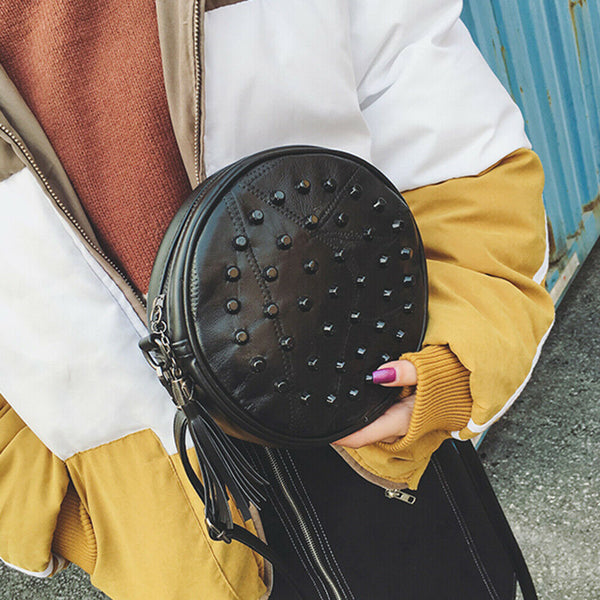 Women Sheepskin Rivet Cute Round Mini Shoulder Bag Crossbody Bag Black