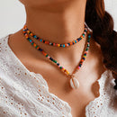 Women Boho Multicolor Beads Shell Necklace Doublelayer Clavicle Choker Jewe BX
