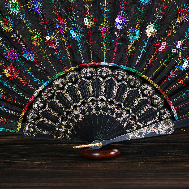 Rainbow color Christmas Dance Fan Peacock Pattern Folding Embroidered Gift fa lj