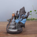 Ceramic Elephant God Smoke Backflow Incense Burner Stick Cone Holder Blue b