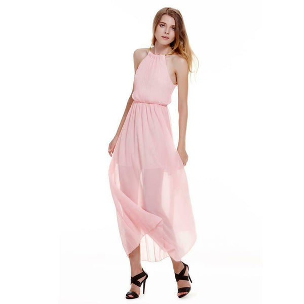 Sexy Women Dinner Party Halter Pleated Floor Length Long Dress Pink M