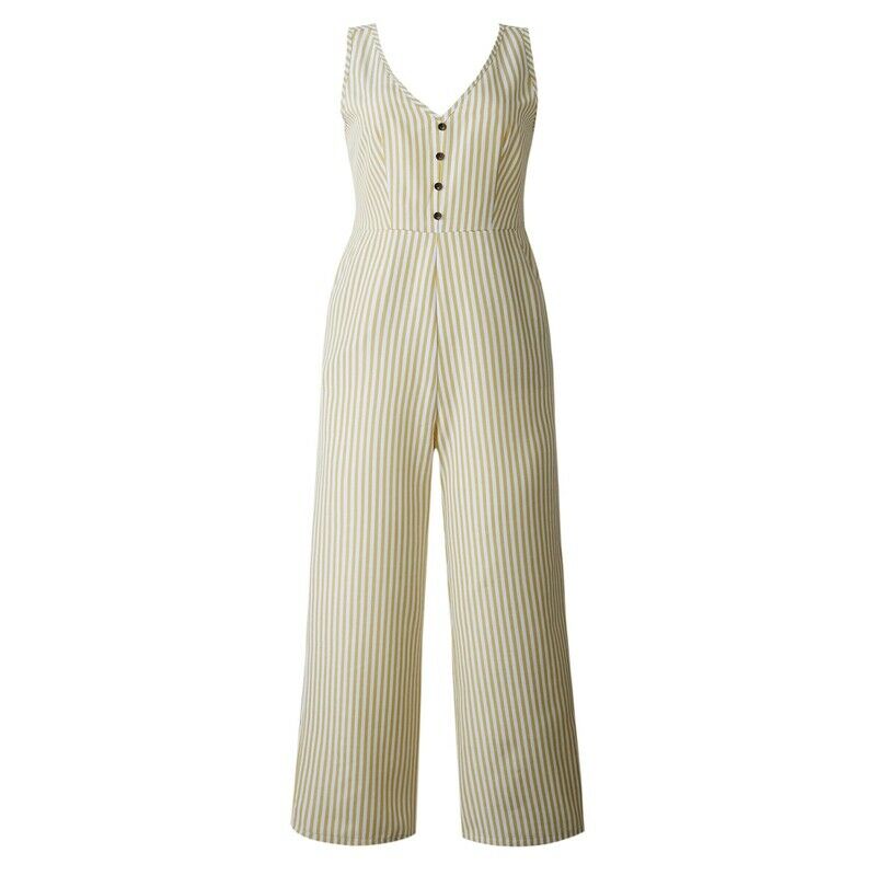 Fashion Women Striped Jumpsuit Backless Sleeveless Deep V Neck Button Jumps M2X6
