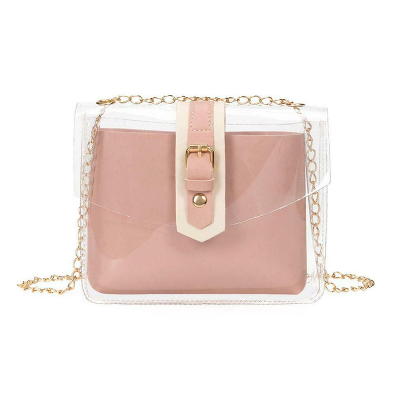 2pcs/set Clear Shoulder Handbags PVC Women Chain Crossbody Clutch (Pink) A