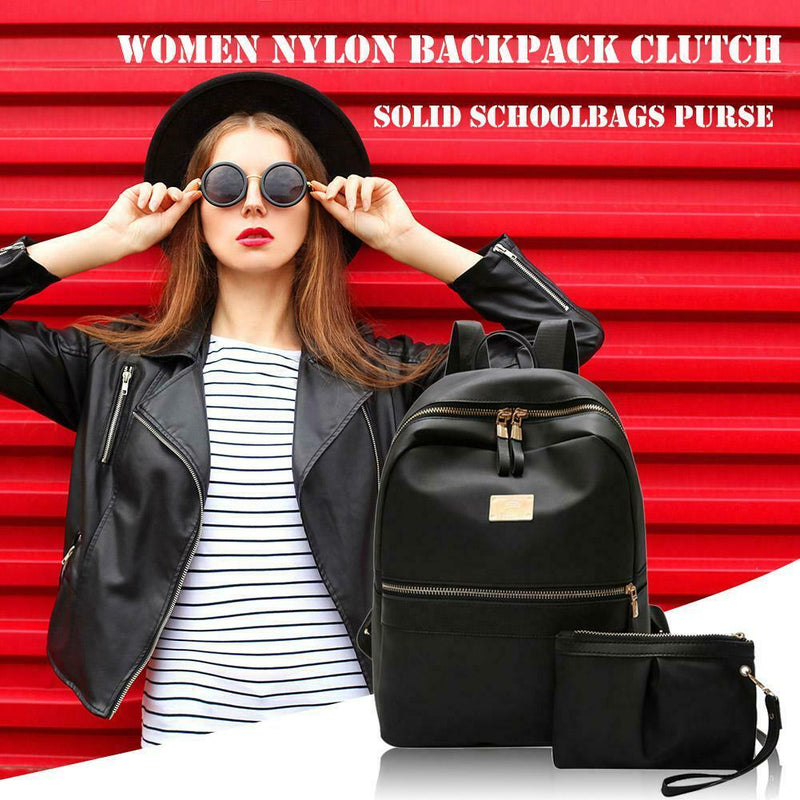 2pcs/set Women Nylon Backpack Clutch Preppy Solid Shoulder Schoolbags Purse SN9F