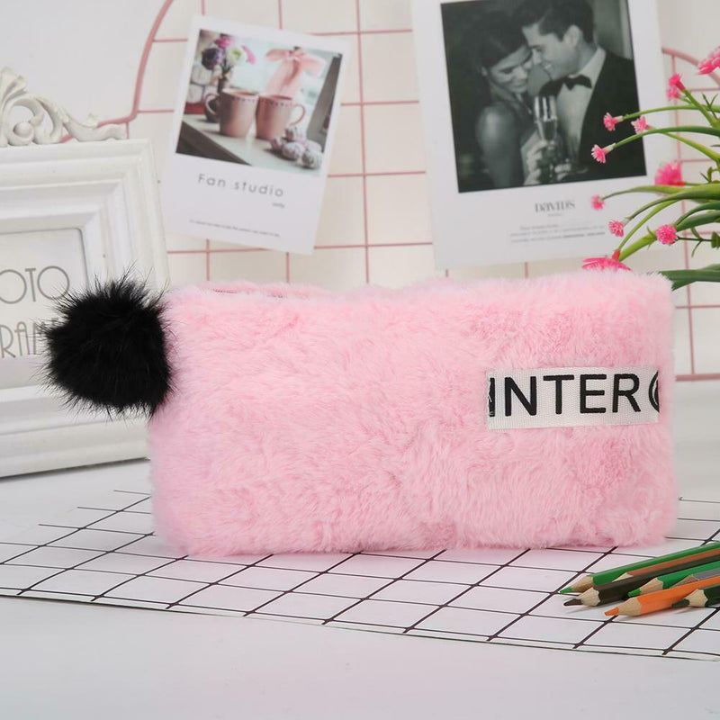 Cute Soft Plush Pencil Bag Stationery Cosmetic Pouch Student Supply (Pink) A