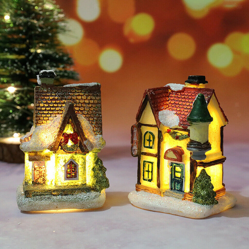 2PCS Mini Christmas Snow House LED Village Table Garden Holiday Decoration