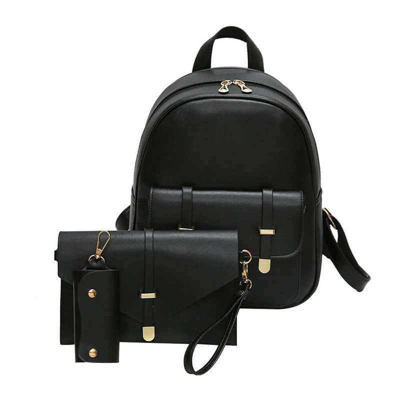 3pcs Women PU Leather Backpack School Bag Shoulder Bag Card Holder(Black)