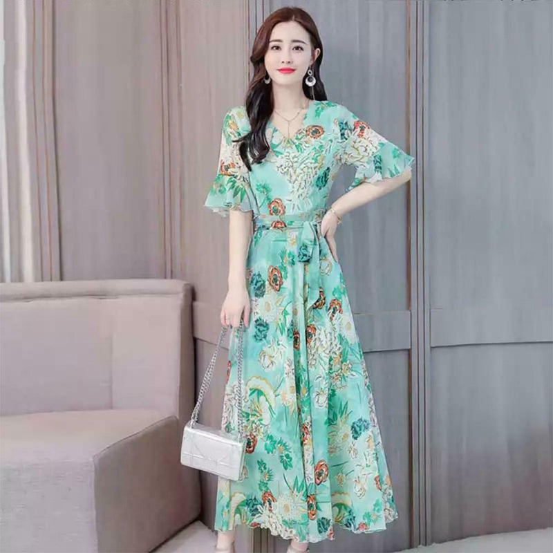 Elegant Floral Print Maxi Women Summer V-neck Short Sleeve Belt Dresses (M) A