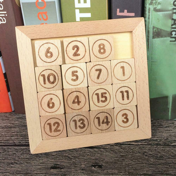 15 Sliding Tiles Math IQ Game Toys Wooden Brain Game for Adults Children