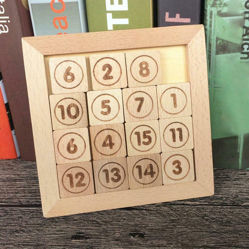 15 Sliding Tiles Math IQ Game Toys Wooden Brain Game for Adults Children