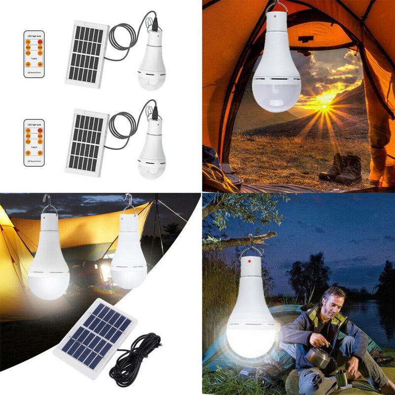 2x 9W Bulb Outdoor Indoor Solar Powered Panel LED Lighting Lights Lantern Hook