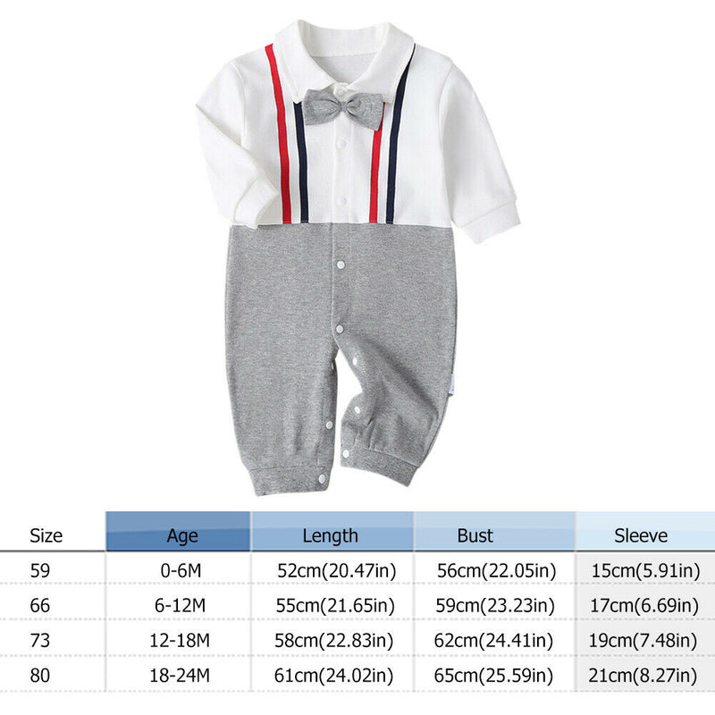 Baby Boys Autumn Cotton Cartoon Print Rompers Cute Bow Tie Playsuit (0-6M) A