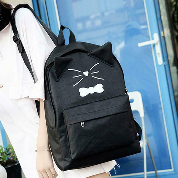 Women PU Leather Lovely Cartoon Cat Printed Backpack Shoulder Bag(Black)