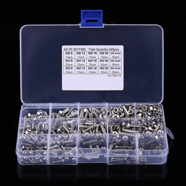 440pcs M3 M4 M5 304 Stainless Steel Hex Socket Button Head Bolts Screws Nuts Kit